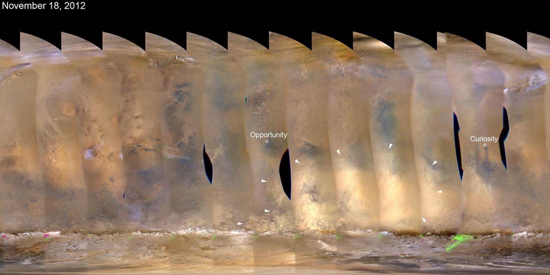 This nearly global mosaic of observations made by the Mars Color Imager on NASA's Mars Reconnaissance Orbiter on Nov. 18, 2012, shows a dust storm in Mars' southern hemisphere.