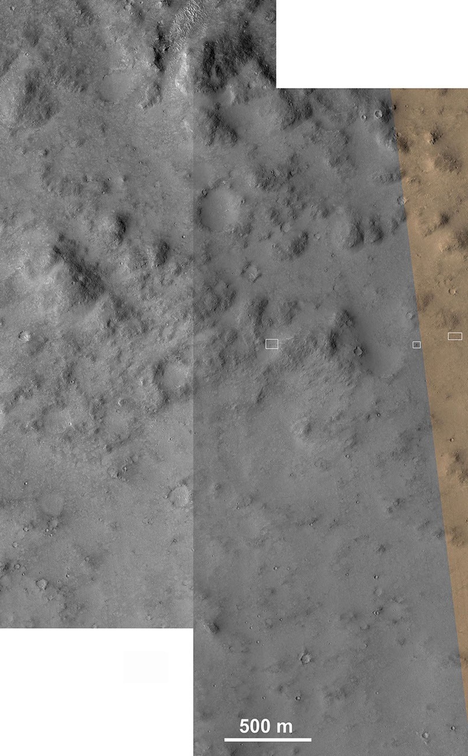 These images from the NASA Mars Reconnaissance Orbiter show several impact scars on Mars made by pieces of the NASA Mars Science Laboratory spacecraft that the spacecraft shed just before entering the Martian atmosphere.