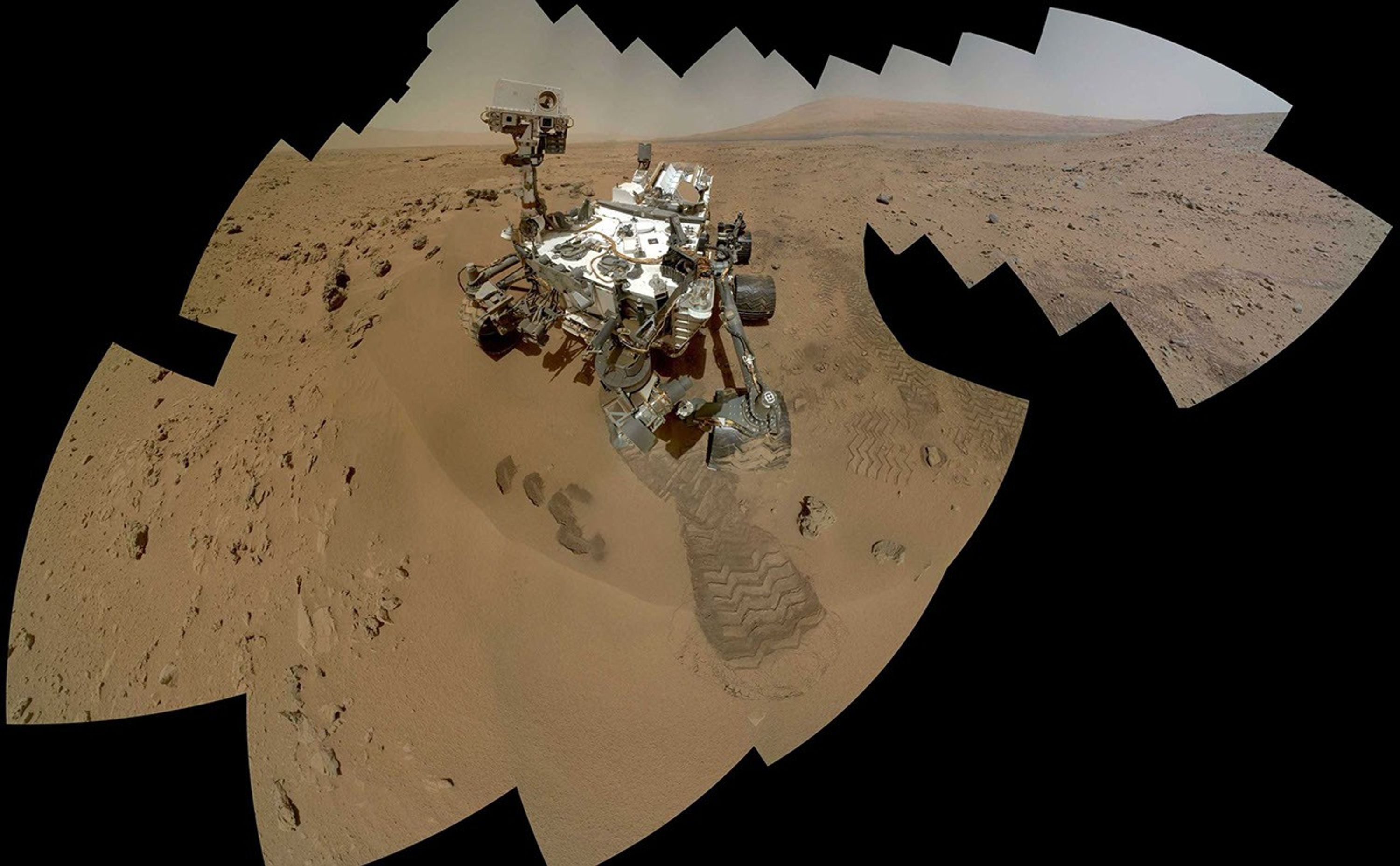 On the 84th and 85th Martian days of the NASA Mars rover Curiosity's mission on Mars (Oct. 31 and Nov. 1, 2012), NASA's Curiosity rover used the Mars Hand Lens Imager (MAHLI) to capture dozens of high-resolution images to be combined into self-portrait images of the rover.