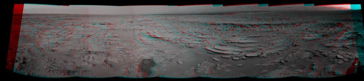 This stereo panoramic view combines 14 images taken by the Navigation Camera (Navcam) on the NASA Mars rover Curiosity during the mission's 120th Martian day, or sol (Dec. 7, 2012).