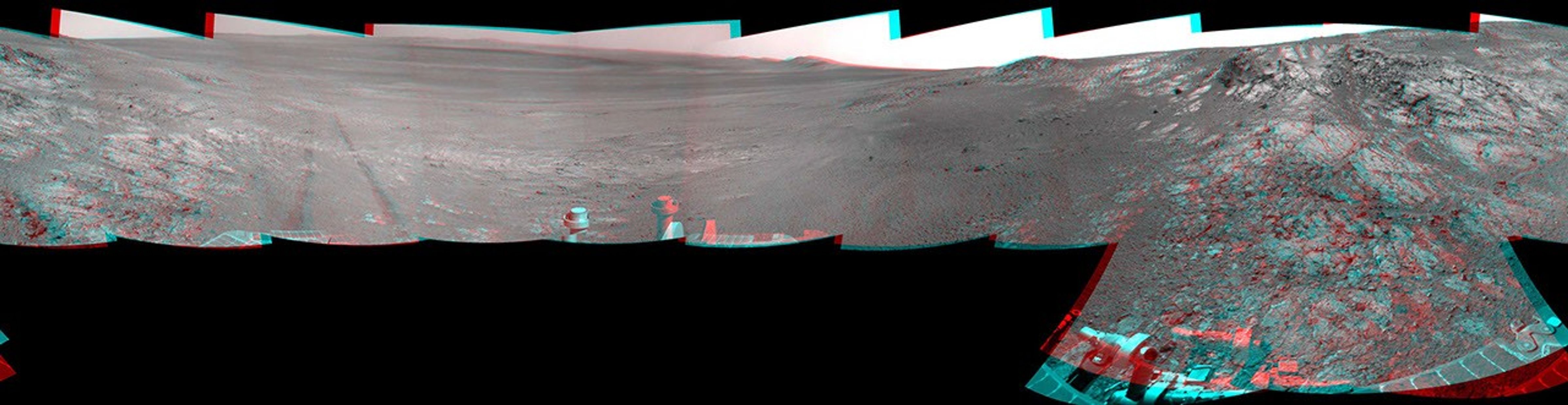 This full-circle, stereo panorama shows the terrain around the NASA Mars Exploration Rover Opportunity during the 3,105th Martian day, or sol, of the rover's work on Mars (Oct. 18, 2012).