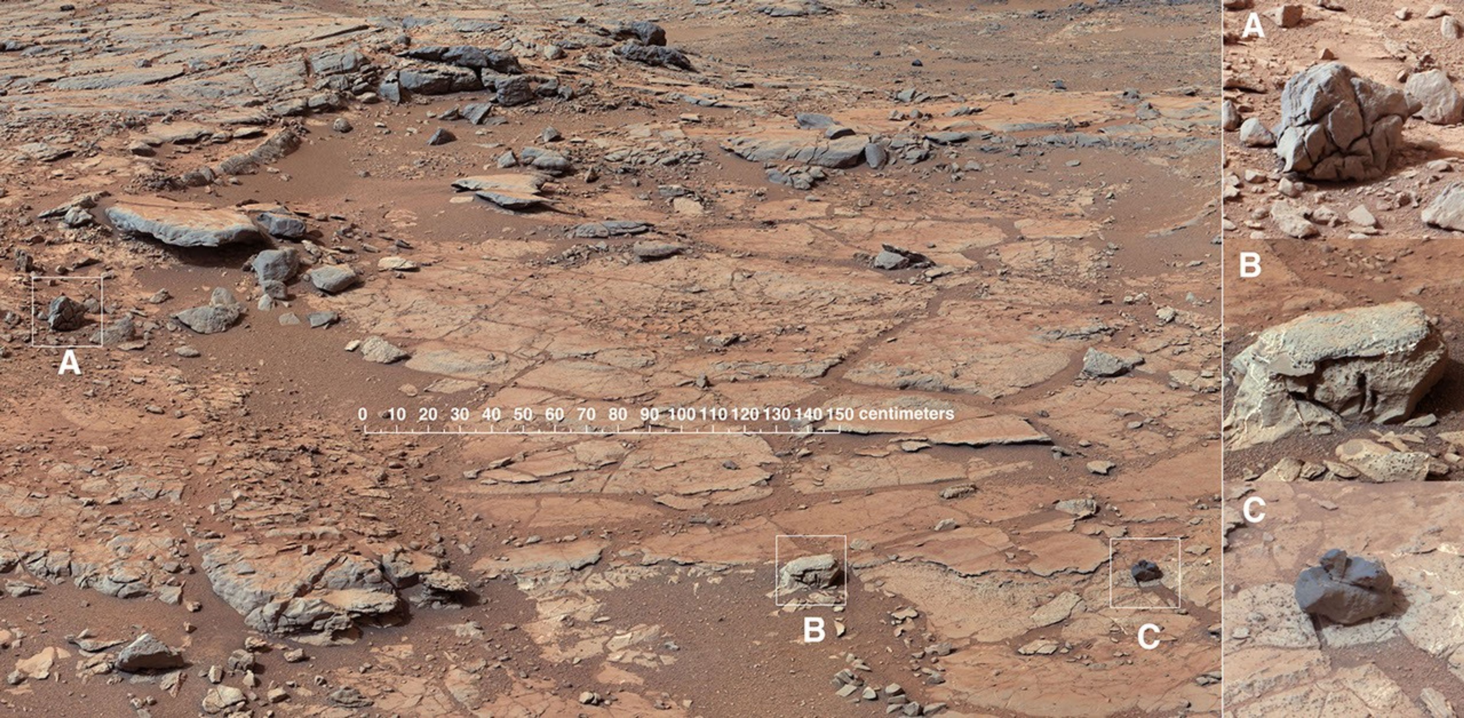The right Mast Camera (Mastcam) of NASA's Curiosity Mars rover provided this contextual view of the vicinity of the location called "John Klein," selected as Curiosity's first drilling site.
