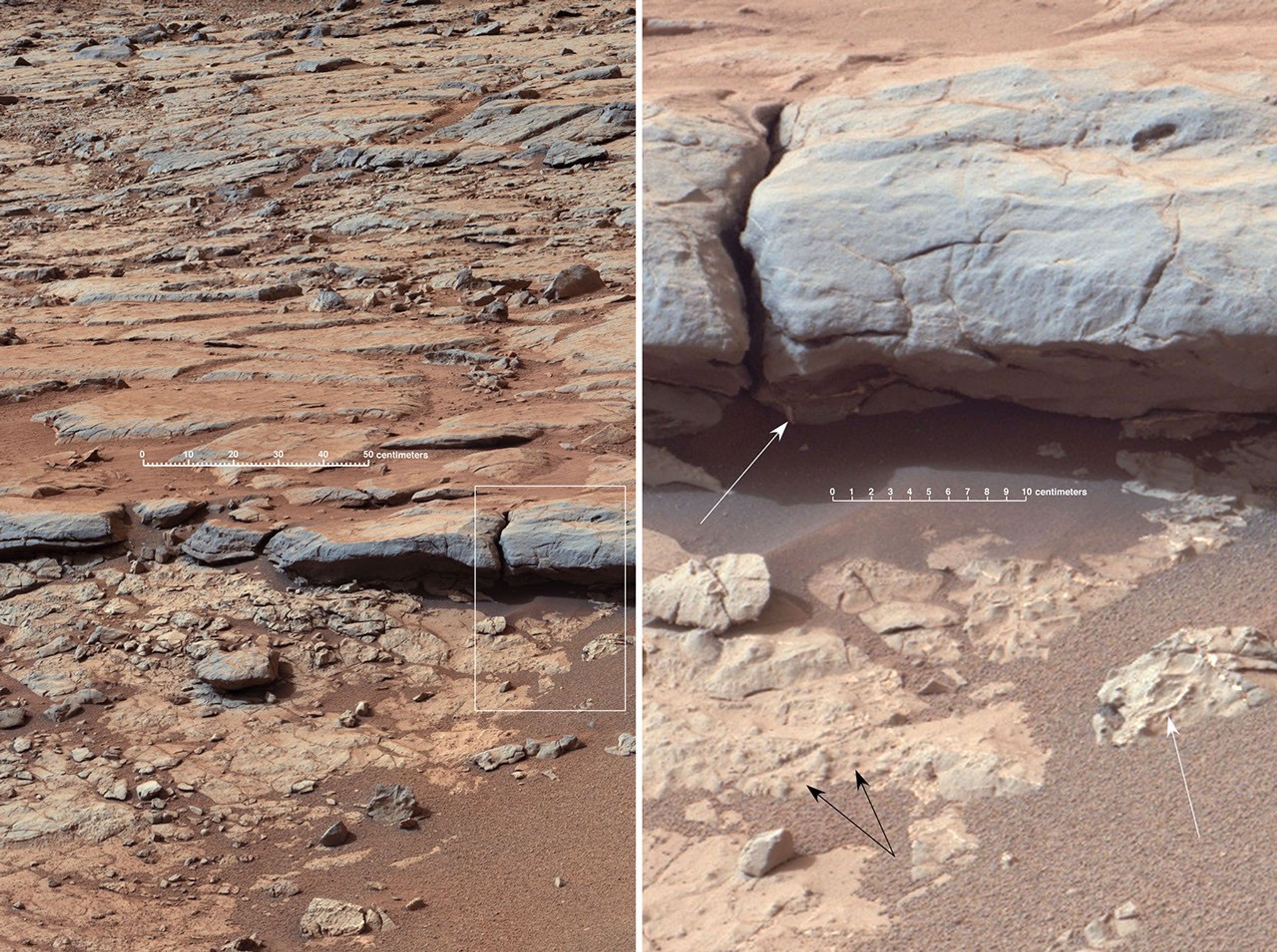 The right Mast Camera (Mastcam) of NASA's Curiosity Mars rover provided this view of the lower stratigraphy at "Yellowknife Bay" inside Gale Crater on Mars.