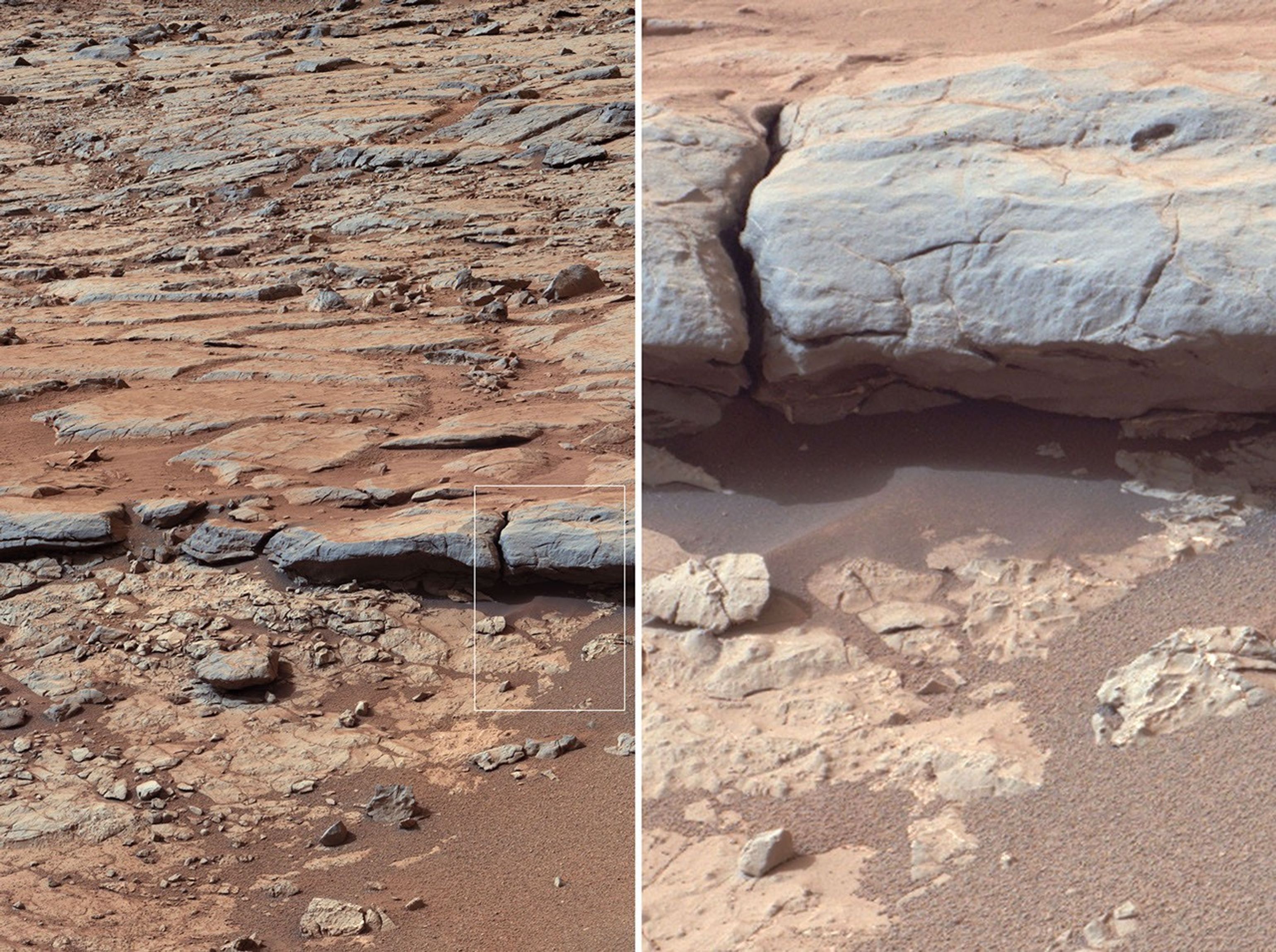 The right Mast Camera (Mastcam) of NASA's Curiosity Mars rover provided this view of the lower stratigraphy at "Yellowknife Bay" inside Gale Crater on Mars.