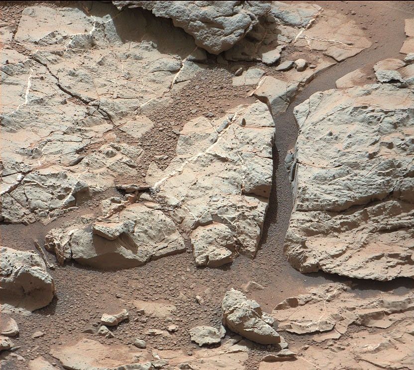 This image of an outcrop at the "Sheepbed" locality, taken by NASA's Curiosity Mars rover with its right Mast Camera (Mastcam), shows well-defined veins filled with whitish minerals, interpreted as calcium sulfate.