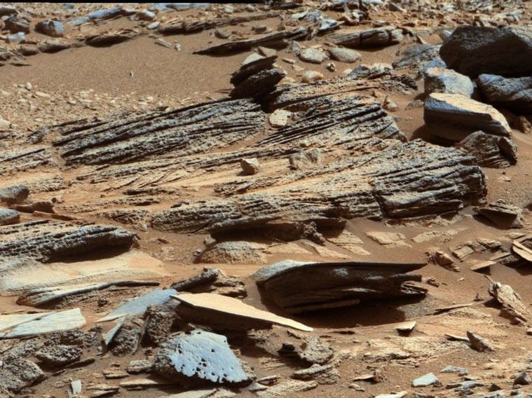 This image from the Mast Camera (Mastcam) on NASA's Mars rover Curiosity shows inclined layering known as cross-bedding in an outcrop called "Shaler" on a scale of a few tenths of meters, or decimeters (1 decimeter is nearly 4 inches).