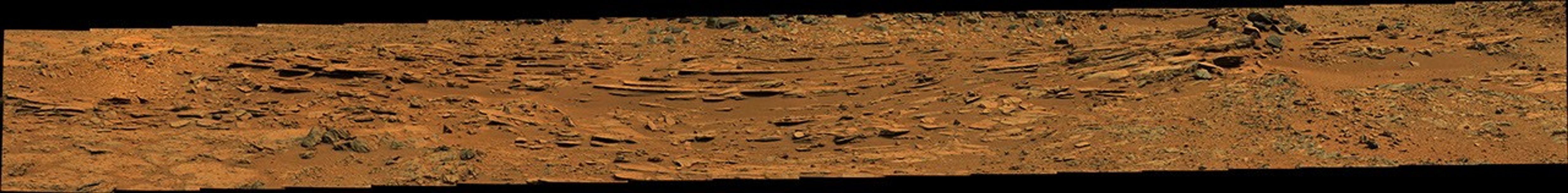The "Shaler" outcrop is dramatically layered, as seen in this mosaic of telephoto images from the right Mast Camera (Mastcam) on NASA's Mars rover Curiosity.