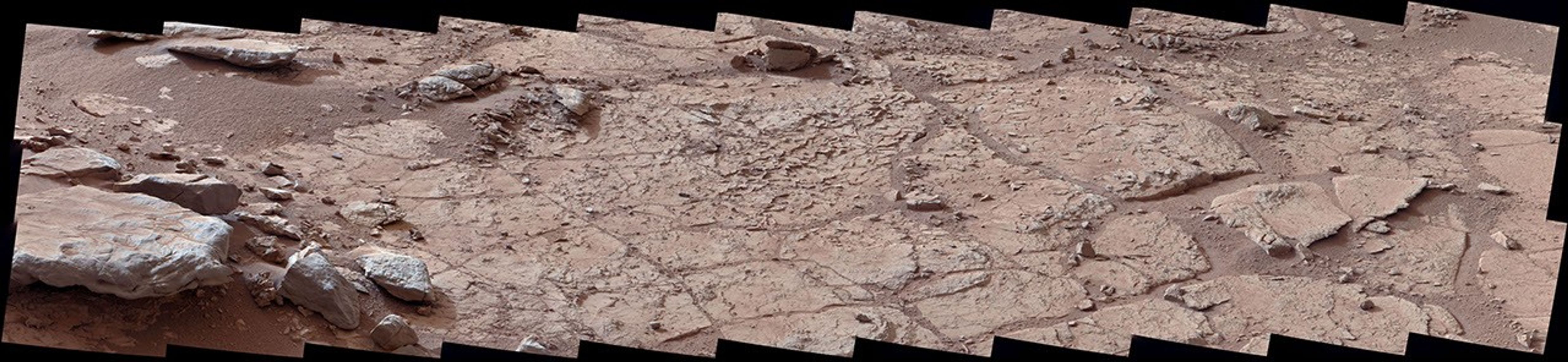 This wide view of the "John Klein" location selected for the first rock drilling by NASA's Mars rover Curiosity is a mosaic taken by Curiosity's right Mast Camera (Mastcam) during the afternoon of the 153rd Martian day, or sol, of the rover's work on Mars.