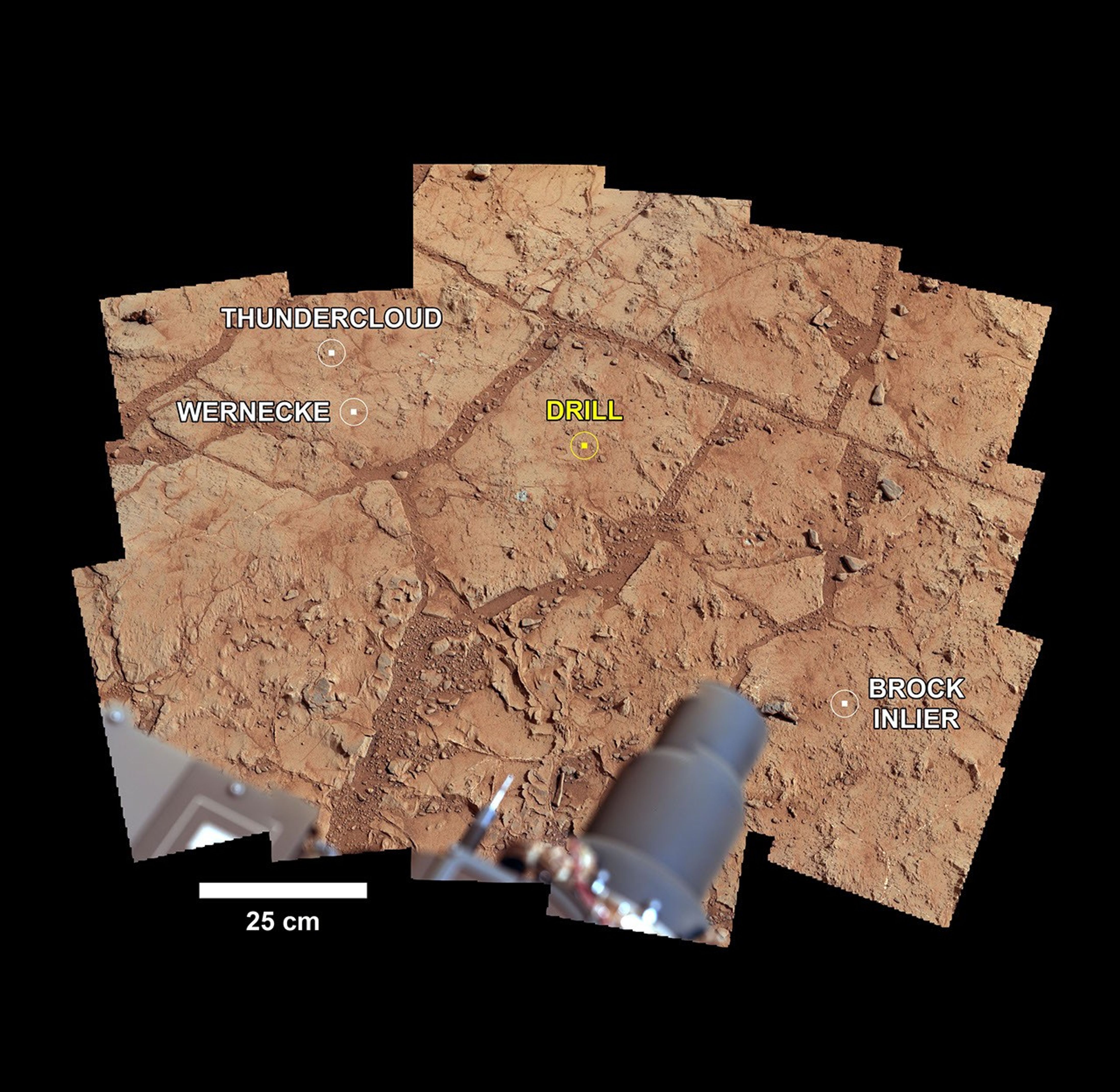 NASA's Mars rover Curiosity used its Mast Camera (Mastcam) to take the images combined into this mosaic of the drill area, called "John Klein."