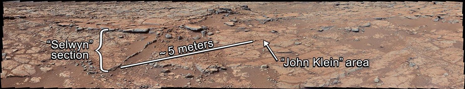From a position in the shallow "Yellowknife Bay" depression, NASA's Mars rover Curiosity used its right Mast Camera (Mastcam) to take the telephoto images combined into this panorama of geological diversity.