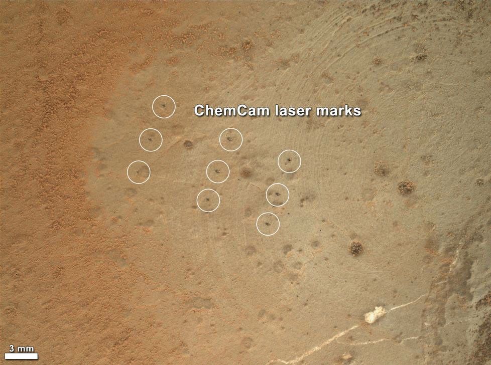 This image from the Mars Hand Lens Imager (MAHLI) on NASA's Mars rover Curiosity shows details of rock texture and color in an area where the rover's Dust Removal Tool (DRT) brushed away dust that was on the rock.