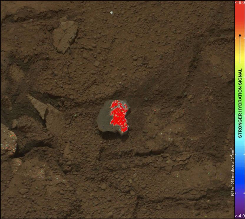 On this image of the broken rock called "Tintina," color coding maps the amount of mineral hydration indicated by a ratio of near-infrared reflectance intensities measured by the Mast Camera (Mastcam) on NASA's Mars rover Curiosity.