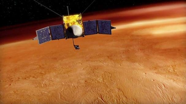 This artist's concept depicts NASA's Mars Atmosphere and Volatile EvolutioN (MAVEN) spacecraft orbiting Mars.