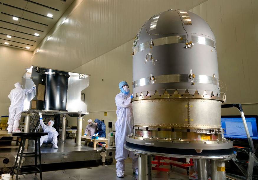 This photo taken on March 3 shows the large hydrazine propellant tank prior to integration with the core structure of the MAVEN spacecraft at a Lockheed Martin clean room near Denver.