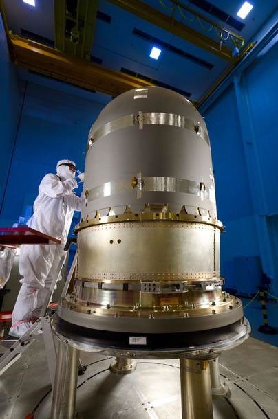 This photo taken on March 3 shows the large hydrazine propellant tank prior to integration with the core structure of the MAVEN spacecraft at a Lockheed Martin clean room near Denver.