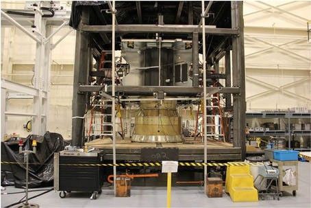 The MAVEN spacecraft structure is placed into a reaction chamber, where it completed a static loads test to ensure that it will withstand the extreme forces of launch.