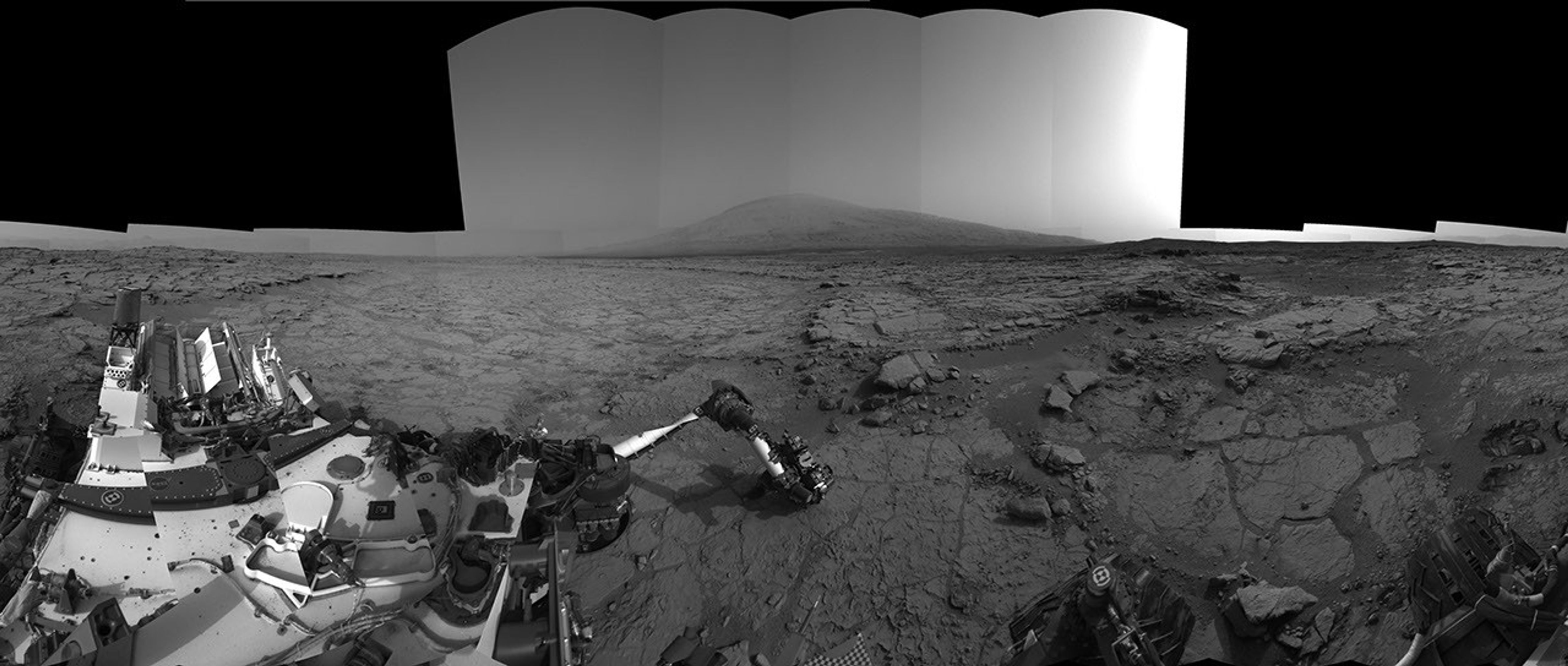 This right-eye member of a stereo pair of images from the Navigation Camera (Navcam) on NASA's Curiosity Mars rover shows a full 360-degree view of the rover's surroundings at the site where it first drilled into a rock.