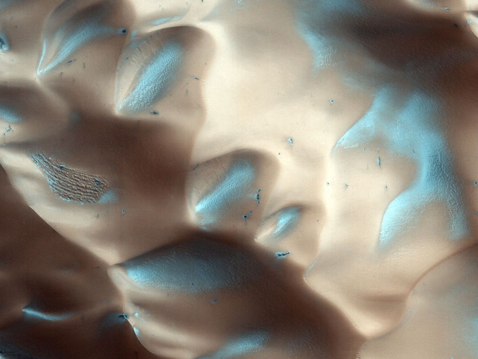 Dunes are often found on crater floors. In the winter, at high northern latitudes, the terrain is covered by carbon-dioxide ice (dry ice).
