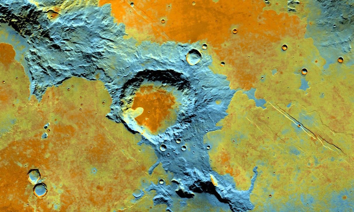 On the southwest edge of the immense volcanic region of Tharsis, lava from its giant volcanoes flowed down to meet the old cratered landscape of Terra Sirenum.
