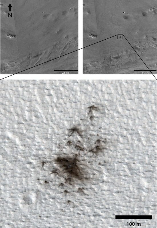 This set of images from cameras on NASA's Mars Reconnaissance Orbiter documents the appearance of a new cluster of impact craters on Mars.