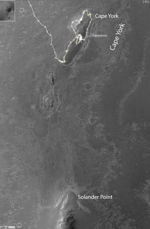 This map of a portion of the western rim of Endeavour Crater on Mars shows the area where NASA's Mars Exploration Rover Opportunity worked for 20 months, "Cape York," in relation to the area where the rover team plans for Opportunity to spend its sixth Martian winter, "Solander Point."