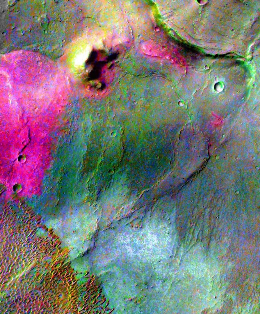 Part of a multispectral THEMIS infrared image of Nili Patera caldera on Syrtis Major has been superimposed on a high-resolution THEMIS visual image.