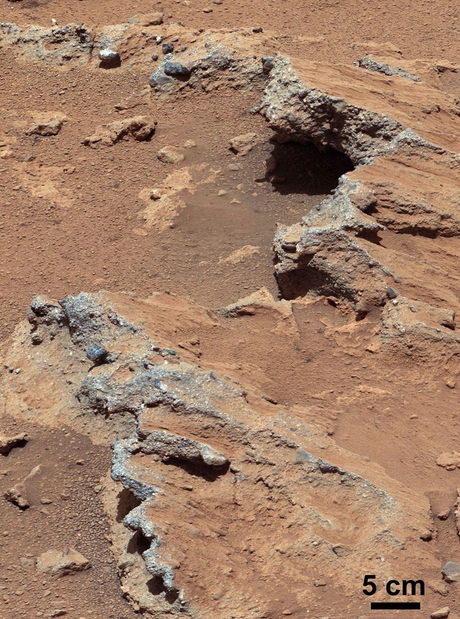NASA's Curiosity rover found evidence for an ancient, flowing stream on Mars at a few sites, including the rock outcrop pictured here, which the science team has named "Hottah" after Hottah Lake in Canada's Northwest Territories.