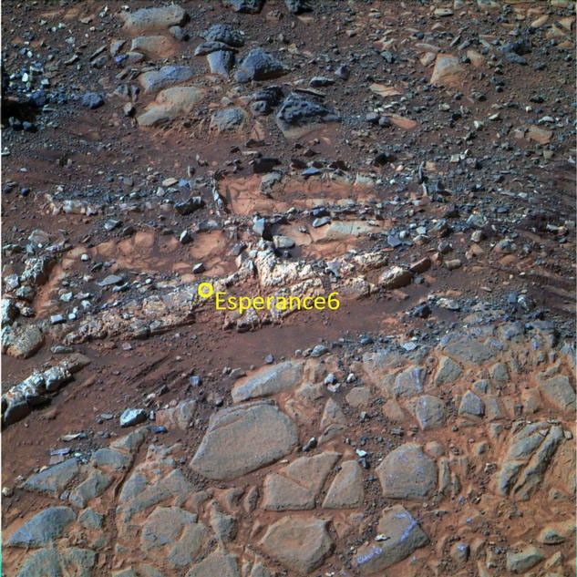 This image from the panoramic camera (Pancam) on NASA's Mars Exploration Rover Opportunity shows a pale rock called "Esperence," which was inspected by the rover in May 2013
