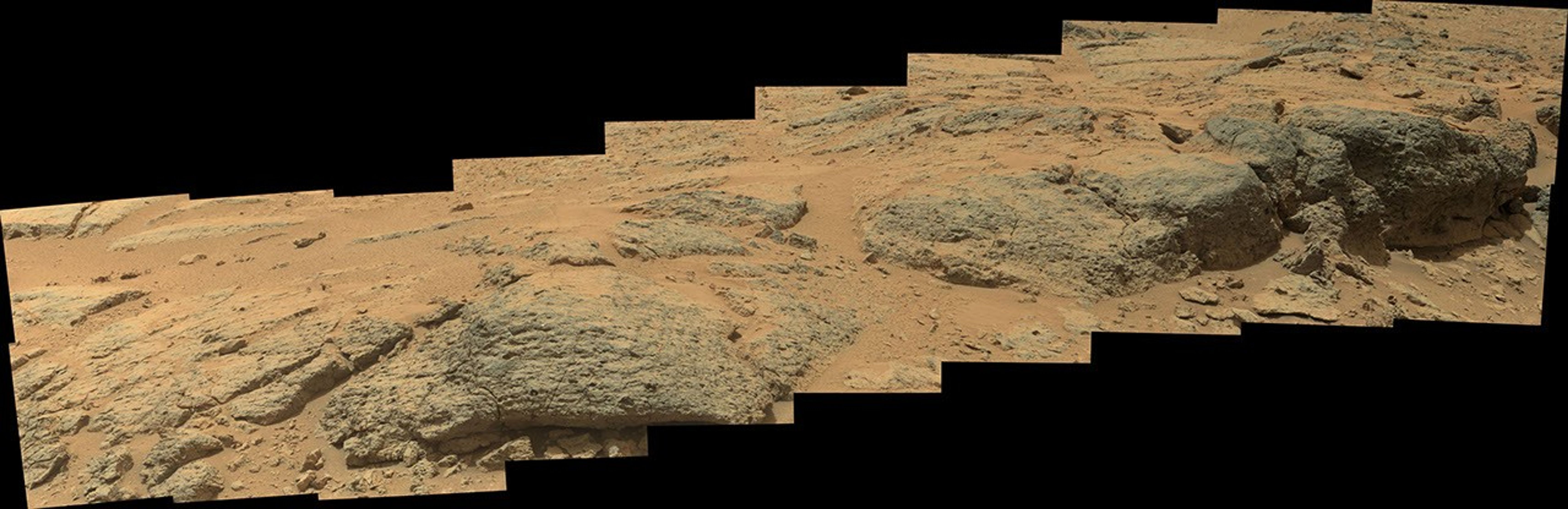This mosaic view from the Mast Camera (Mastcam) on NASA's Mars rover Curiosity shows textural characteristics and shapes of an outcrop called "Point Lake."