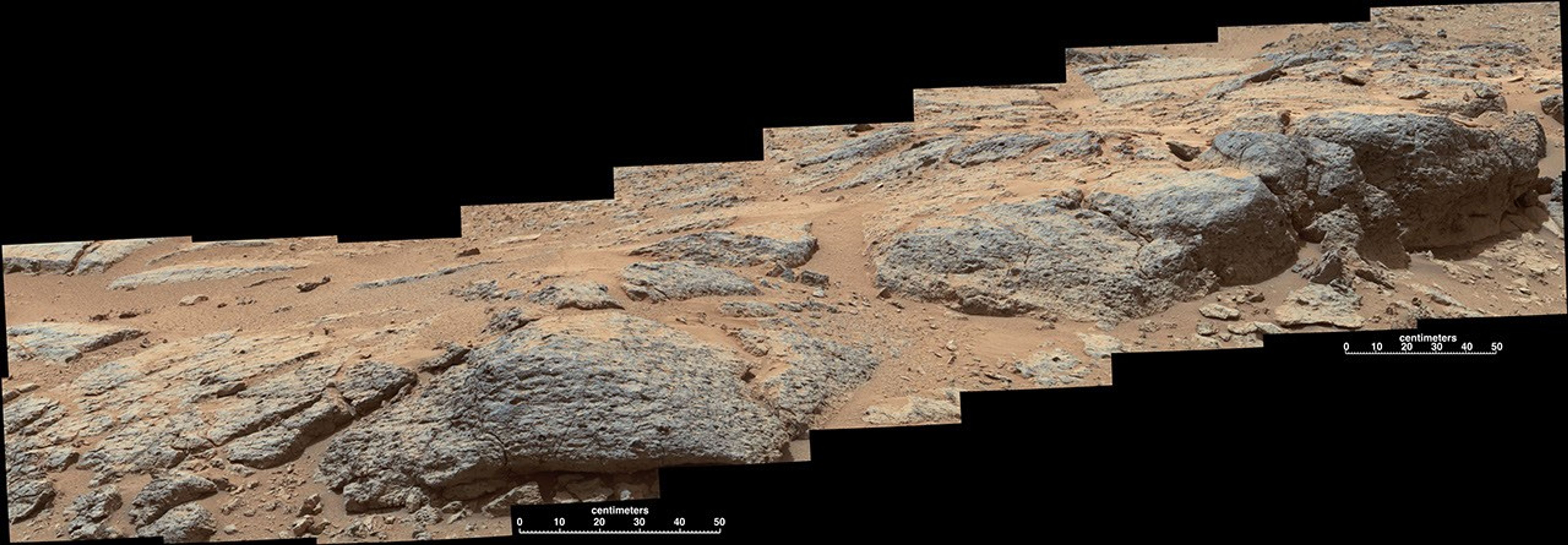 This mosaic view from the Mast Camera (Mastcam) on NASA's Mars rover Curiosity shows textural characteristics and shapes of an outcrop called "Point Lake."