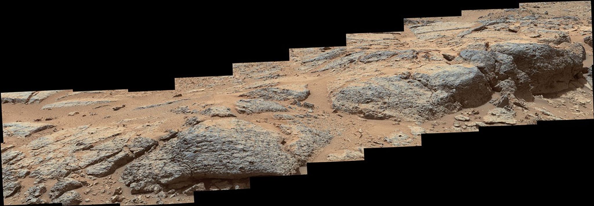 This mosaic view from the Mast Camera (Mastcam) on NASA's Mars rover Curiosity shows textural characteristics and shapes of an outcrop called "Point Lake."