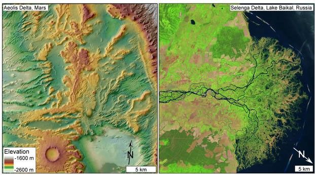 Comparison of exhumed delta in sedimentary rocks on Mars (left) with a modern delta on Earth (right).