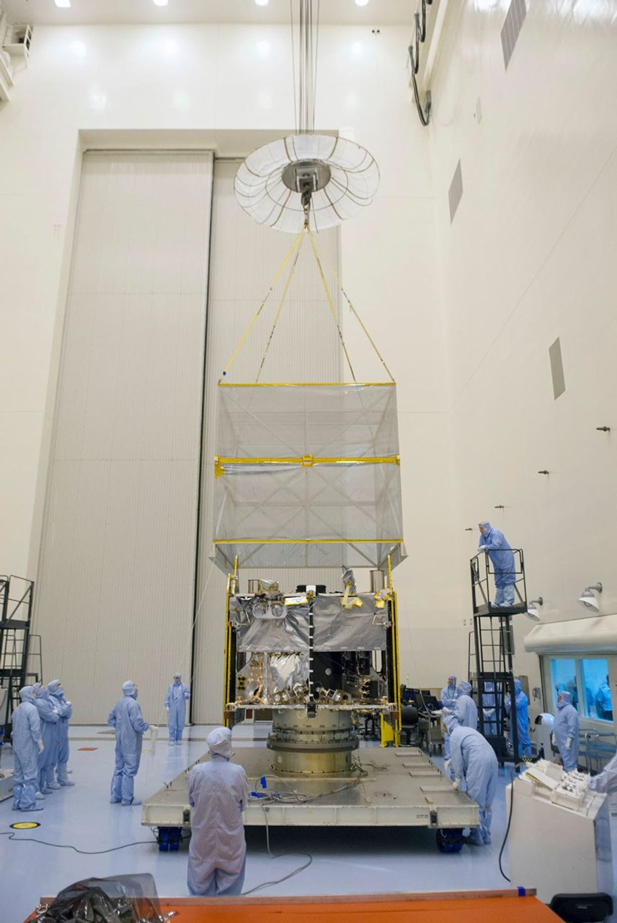 NASA's Mars Atmosphere and Volatiles Evolution (MAVEN) spacecraft is seen inside the Payload Hazardous Servicing Facility on Aug. 3. 2013 at the agency's Kennedy Space Center in Florida.