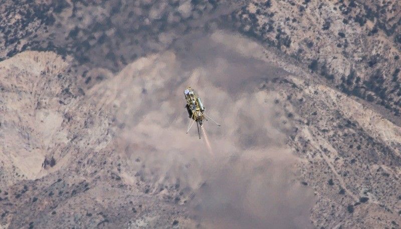 A Xombie technology demonstrator from Masten Space Systems, Mojave, Calif., ascends from its pad at Mojave Air and Space Port on a test for NASA's Jet Propulsion Laboratory.