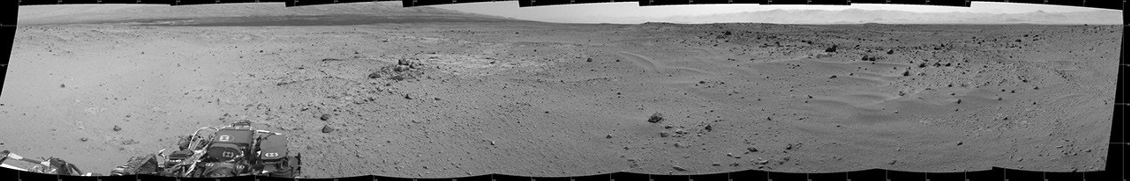 This mosaic of images from the Navigation Camera (Navcam) on NASA's Mars rover Curiosity shows the scene from the rover's position on the 376th Martian day, or sol, of the mission (Aug. 27, 2013).