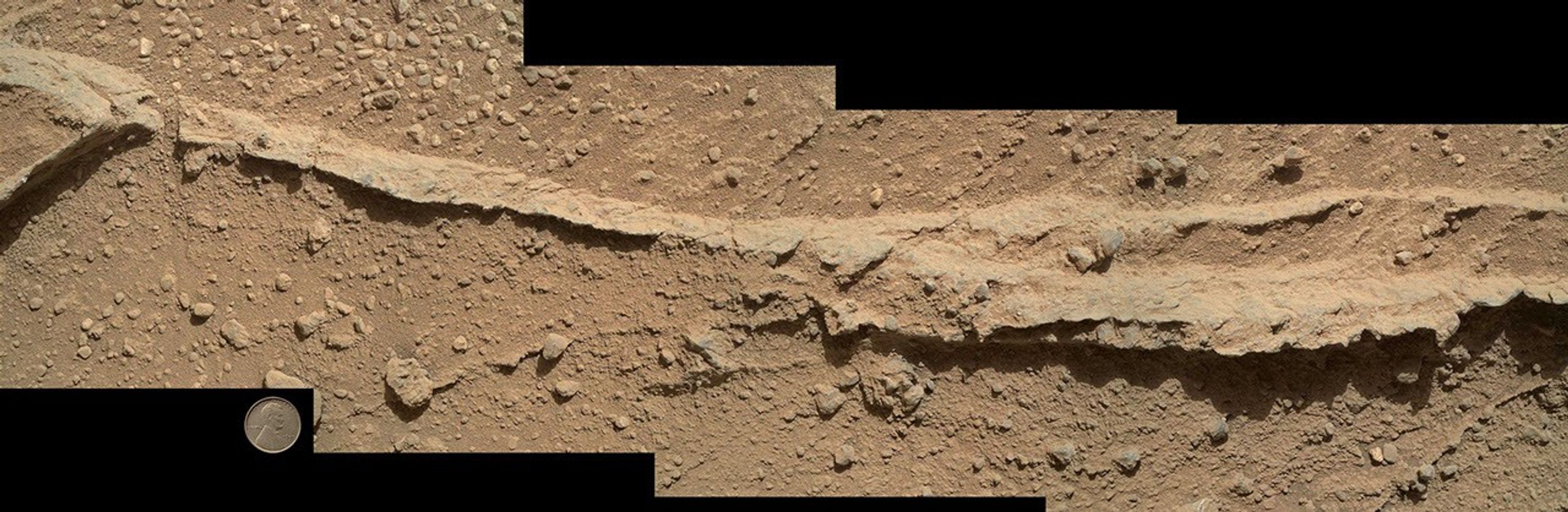 This mosaic of four images taken by the Mars Hand Lens Imager (MAHLI) camera on NASA's Mars rover Curiosity shows detailed texture in a ridge that stands higher than surrounding rock.