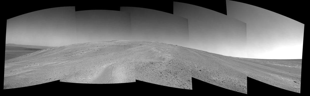 NASA's Mars Exploration Rover Opportunity captured this view after beginning to ascend the northwestern slope of "Solander Point" on the western rim of Endeavour Crater.