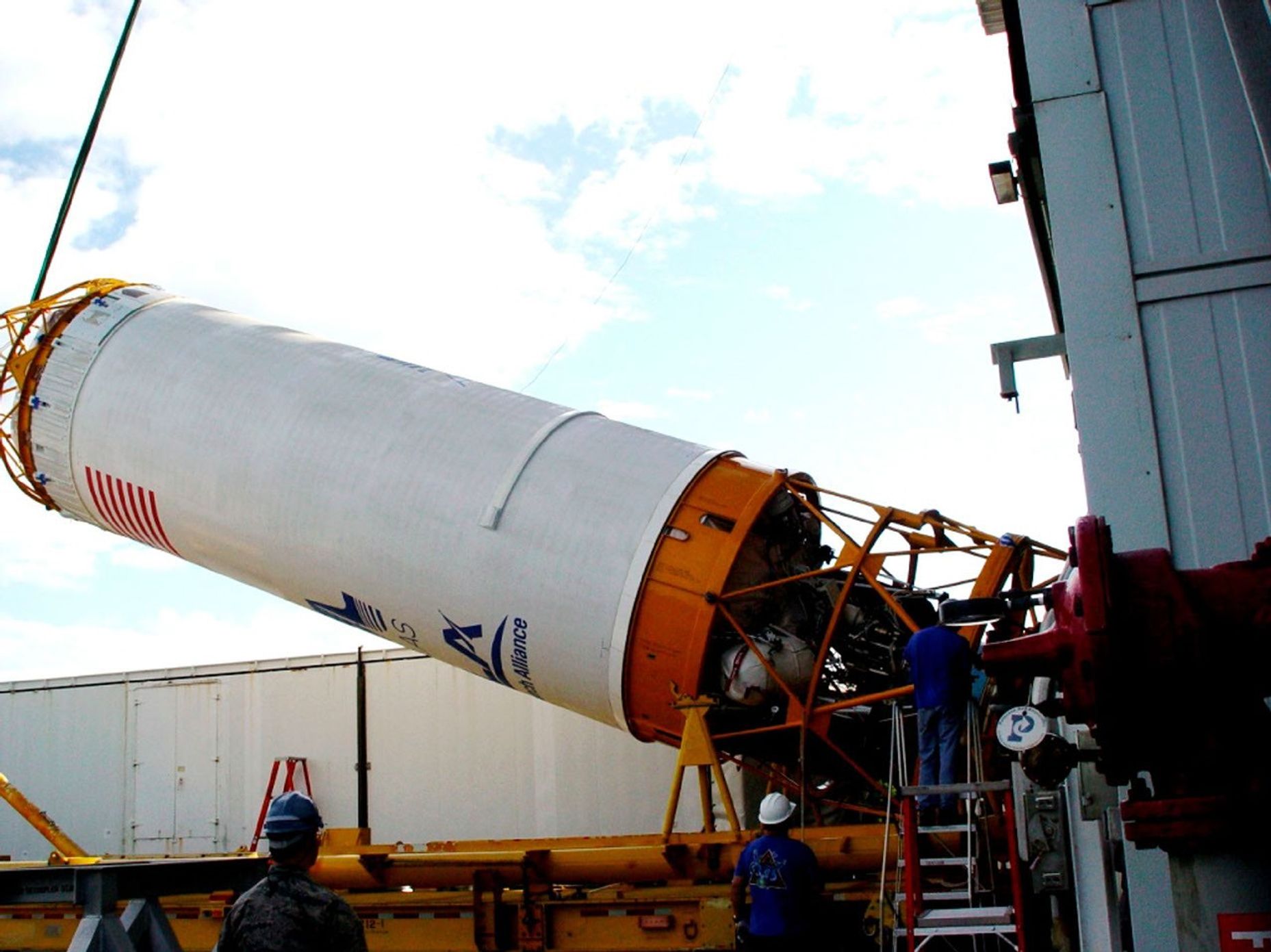 At Cape Canaveral Air Force Station in Florida, the United Launch Alliance Centaur second stage is lifted for stacking atop its Atlas V first stage at Launch Pad 41 in preparation for the Mars Atmosphere and Volatile Evolution, or MAVEN, mission.