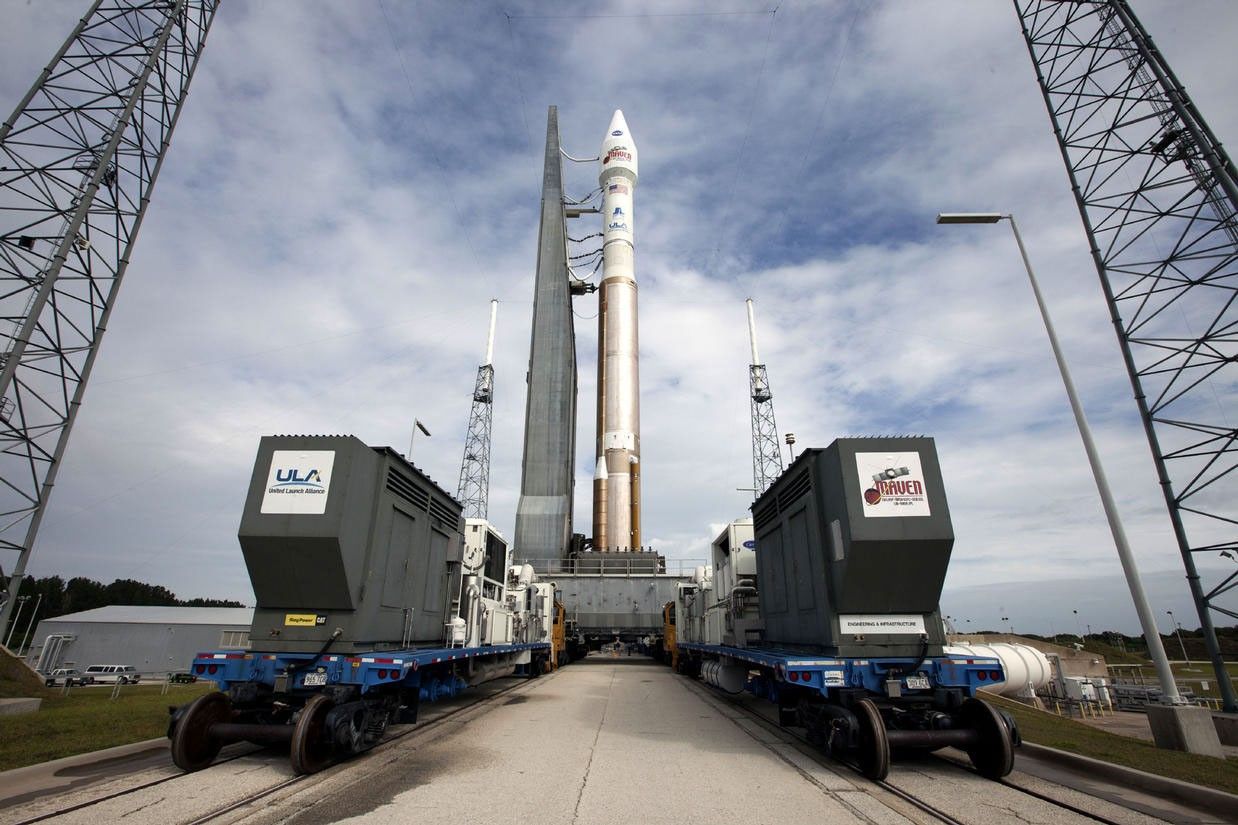The United Launch Alliance Atlas V rocket carrying NASA's Mars Atmosphere and Volatile EvolutioN, or MAVEN, spacecraft arrives at the pad at Space Launch Complex 41 on Cape Canaveral Air Force Station in Florida after a 20-minute journey from the Vertical Integration Facility. Rollout began on schedule with first motion at 9:57 a.m.