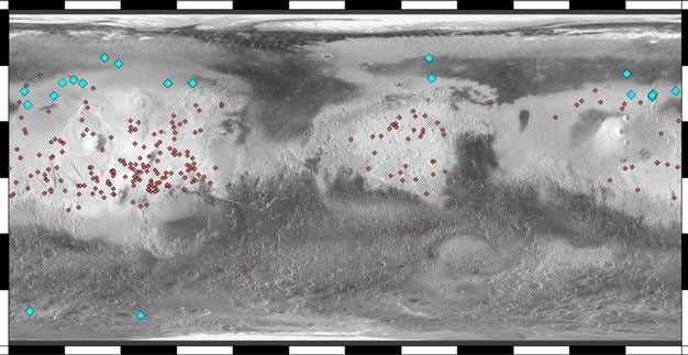 This map of Mars indicates locations of new craters that have excavated ice (blue) and those that have not (red). The underlying map is based on the brightness, or albedo, of the Martian surface.