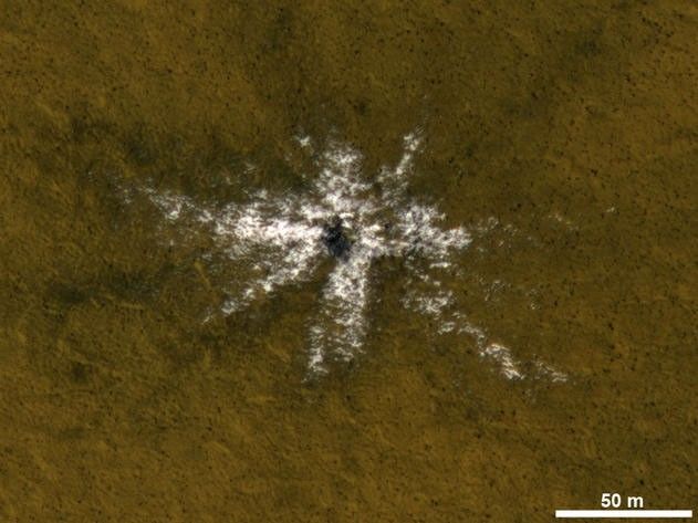 This image taken on May 19, 2010, shows an impact crater that had not existed when the same location on Mars was previously observed in March 2008.