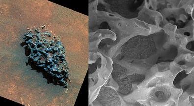 Spirit used its microscopic imager to capture these spectacular, jagged mini-landscape on a rock called "GongGong." Wind has deposited sand and dust in the holes and crevices of the rock.