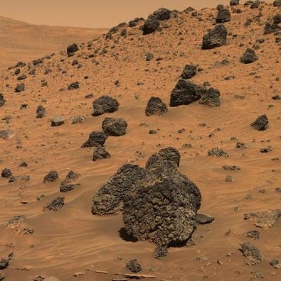 Spirit drove through the basin south of "Husband Hill," mainly driving over sand and dune deposits until it came across this spectacular example of basaltic rocks called "Lorre Ridge."