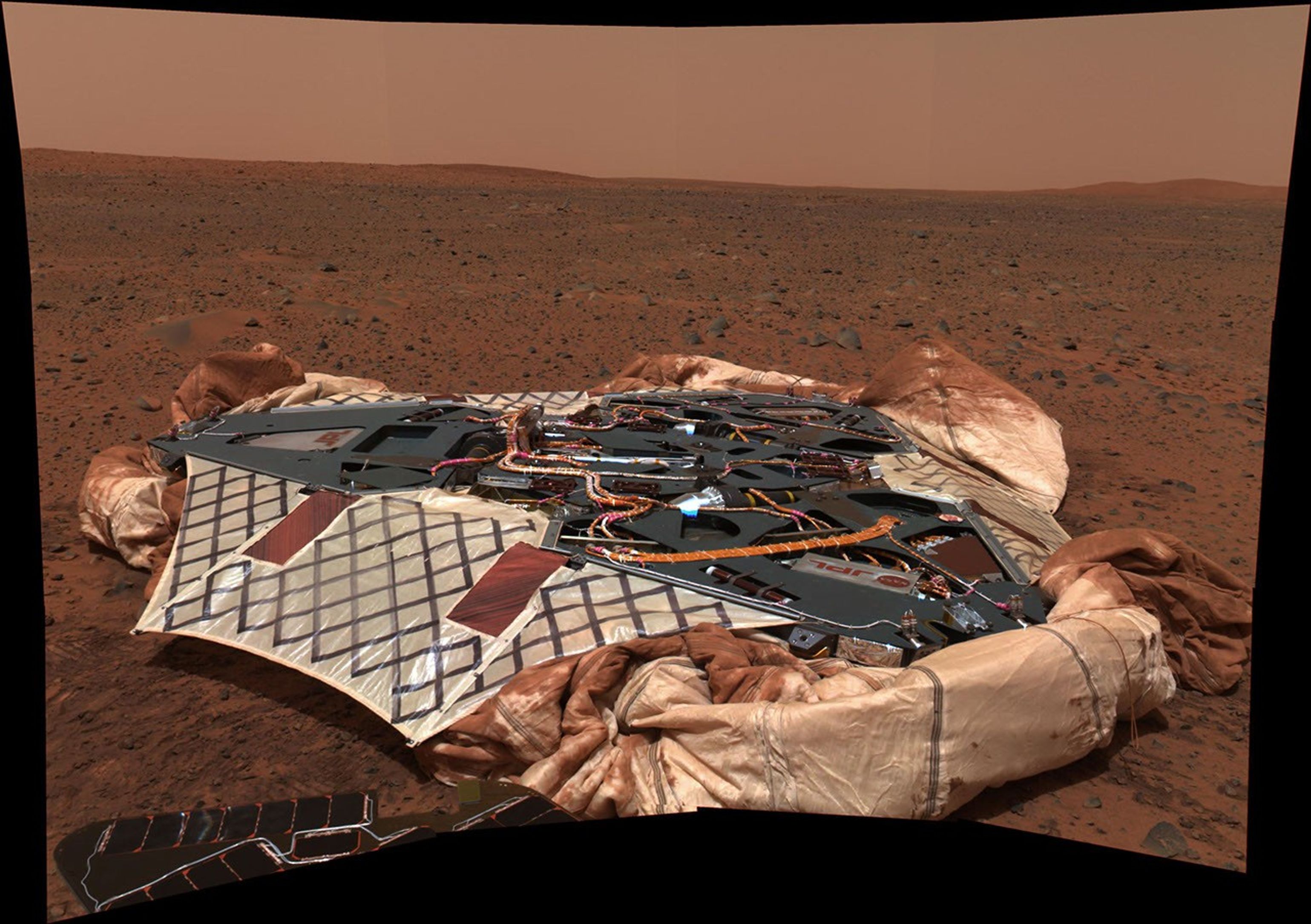 This image shows the Spirit rover's landing site, the Columbia Memorial Station, at Gusev Crater, Mars.
