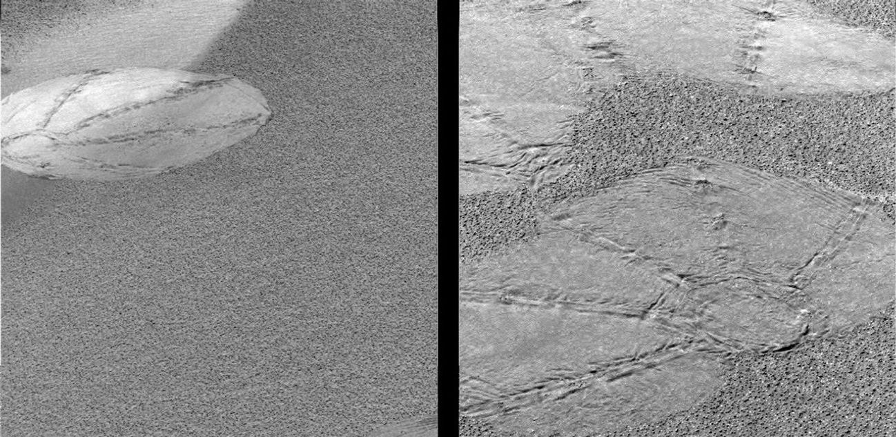 The circular shapes seen on the martian surface in these images are "footprints" left by Opportunity's airbags during landing as the spacecraft gently rolled to a stop.