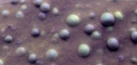 This mosaic image shows an extreme close-up of round, blueberry-shaped formations in the martian soil near a part of the rock outcrop at Meridiani Planum called Stone Mountain