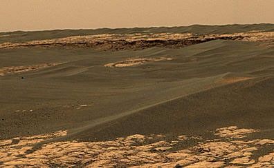 This image shows a portion of the rim of "Erebus Crater" in the Meridiani Planum region of Mars.