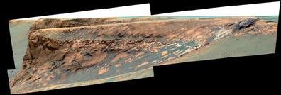 As part of its investigation of "Victoria Crater," Opportunity examined a promontory called "Cape Verde" from the vantage point of "Cape St. Mary," the next promontory clockwise around the crater's deeply scalloped rim.