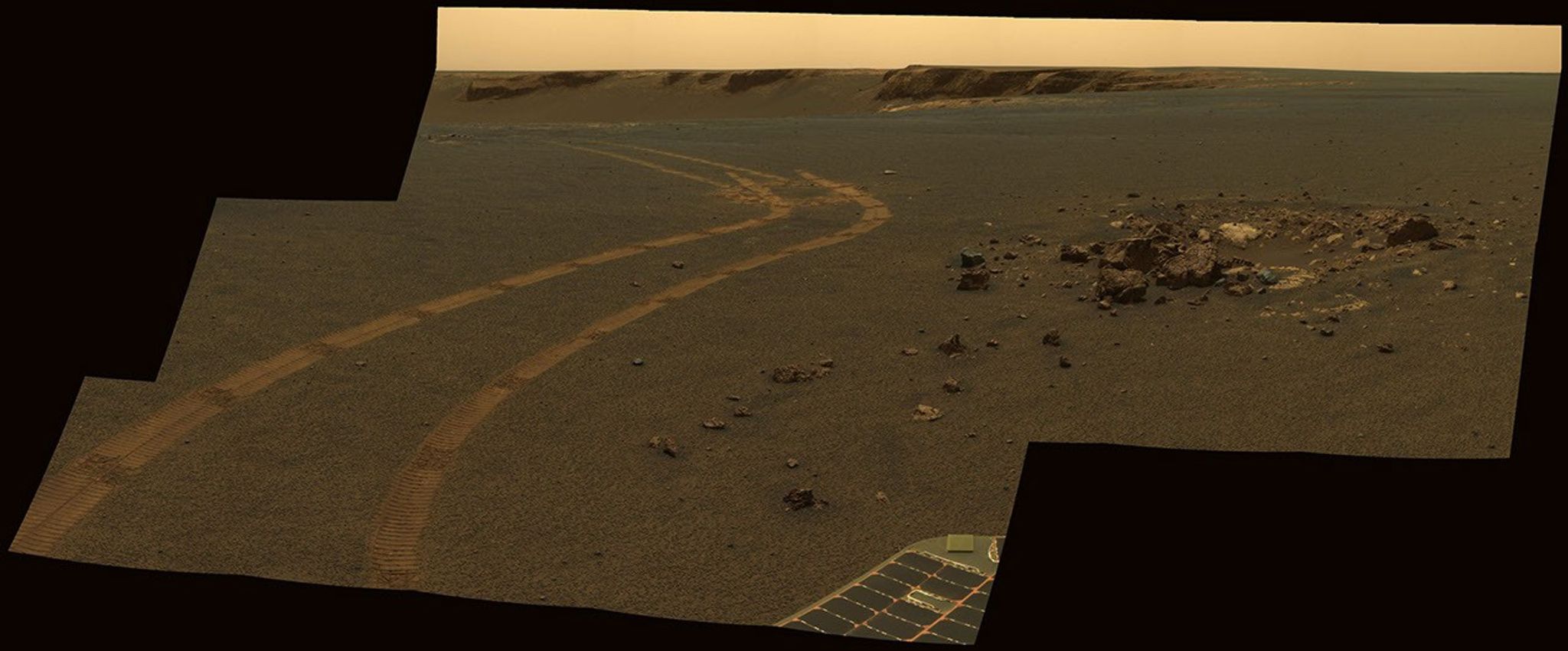 NASA's twin Mars Exploration Rovers got smarter as they got older. This view from Opportunity shows the tracks left by a drive executed with more onboard autonomy than has been used on any other drive by a Mars rover.
