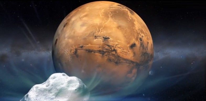 An artist's concept of Comet Siding Spring (2013 A1) and Mars.  Closest approach to Mars is on October 19, 2014.